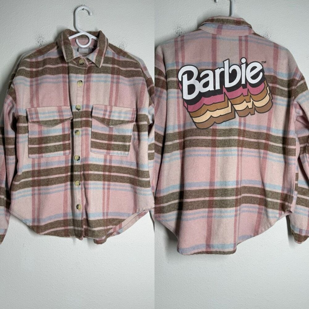 Barbie Woman's Wool Blend Buttono Pink Plaid Shacket Sz S Logo See Description